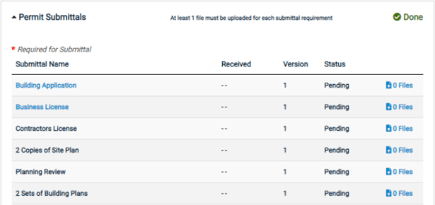 Permit Submittals screen